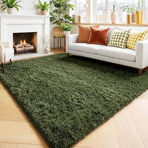 Amdrebio Olive Green Rugs for Bedroom Living Room, Fluffy Shaggy Modern Area Rug 4x6 for Girls Boys Kids Room Decor, Soft Plush Fuzzy Furry Cool Carpet for Nursery Classroom Dorm Playroom Apartment