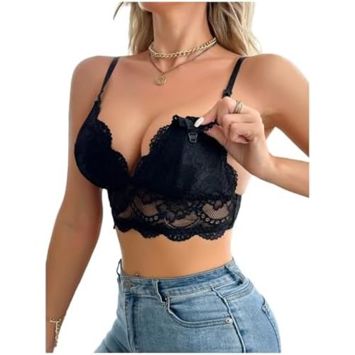 MakeMeChic Women's Spaghetti Strap Nursing Bra Floral Lace Scallop Trim Breastfeeding Bralette