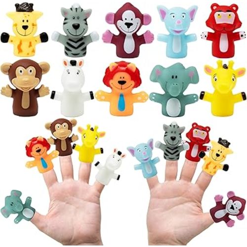 Kiddie Play Finger Puppets for Kids, 10 pc Zoo Animals Puppets Rubber Set for Story Time and Bath Toys