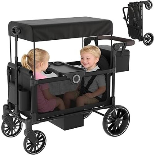 BIERUM Stroller Wagon for 2 Kids with Side Entry & 5-Point Safety, 5-in-1 Multi-Mode All-Terrain Foldable Cart with Adjustable Push/Pull Handle, Removable Canopy & Organizer for Beach, Camping, Black