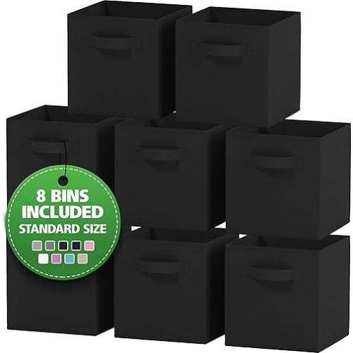 Set of 8 Foldable Fabric Storage Cube Bins | Collapsible Cloth Organizer Baskets Containers | Folding Nursery Closet Drawer | Features Dual Handles | Beautiful Colors Available (Black)
