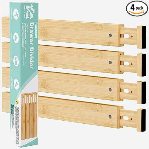 Bamboo Drawer Dividers Organizer Separators Expandable - Bamboo 4-Pack Adjustable Drawer Organization Inserts for Clothes, Kitchen Utensils, and Dresser