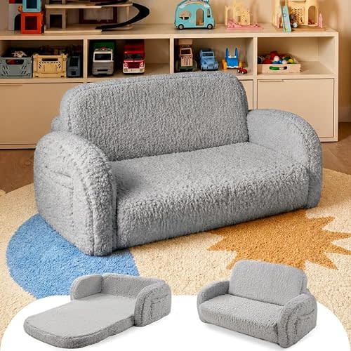 little dove 2-in-1 Sherpa Fold Out Kids Couch, Extra Wide Comfy Kid Chair, Convertible Kids Sofa, Foldable Kid Couch with High Density Foam for Boys & Girls, Gray