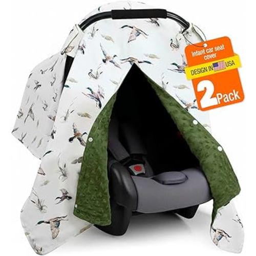 2 Pack Mallard Duck Car Seat Cover - Minky Infant Car Seat Canopy with Peekaboo Opening, Multi-Use Nursing Cover & Stroller Blanket, 27.5 x 39 Inch for Newborn Baby Boy Girl