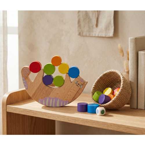 Wooden Cat Balance Game, Montessori Stacker, Toddler Strategy Toy, Scandinavian Playroom Decor