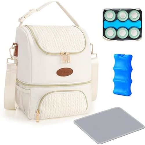 PIIOSER Breastmilk Cooler Bag with Ice Pack, Double Deck Insulated Baby Bottle Travel Bags with Shoulder Strap, Wearable Breast Pump Carry Bag for Nursing Moms Daycare, Work, Picnic(Cream)