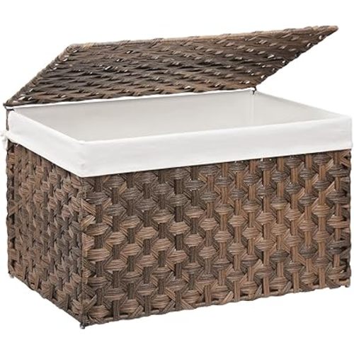 Wicker Storage Basket with Lid, 42.3 Gallon (160L) Large Blanket Basket with Lid, Woven Storage Bin with Handles, Removable Liner, Metal Frame, Foldable, for Bedroom, Laundry Room, Brown