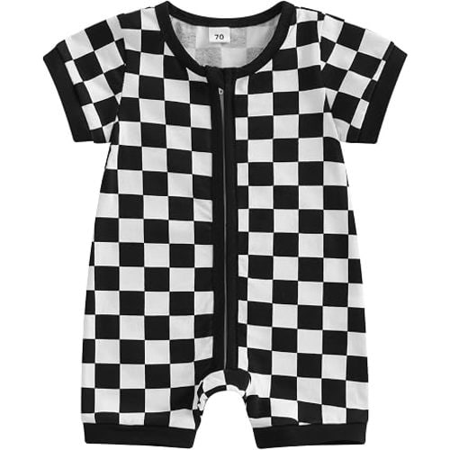 Newborn Baby Boy Girl Clothes Checkered Plaid Waffle Knit Zipper Romper Jumpsuit One Piece Bodysuit Summer Outfit
