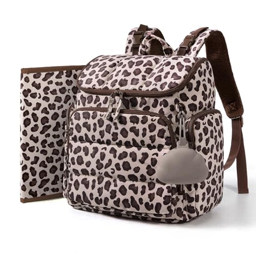 mommore Diaper Bag Backpack, Baby Bag with Waterproof Changing Pad and Stroller Straps for Toddler, Diaper Backpack for Mom Dads with Insulated Pockets & Pacifier Case, Travel Essential, Leopard