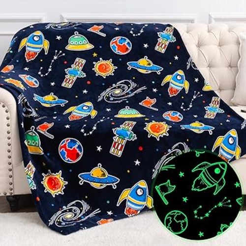 Jekeno Space Toys Gifts for Boys Girls - Glow in The Dark Galaxy Blanket Christmas Birthday Valentines Easter Present Decor for Kids Age 1-14 Year Old Teen Child Toddler Planet Spaceship Throw 50"x60"