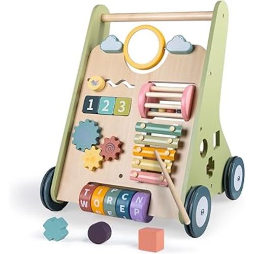 Wooden Baby Walker with Wheels, Baby Walker for Boys 12 Months Push Toy, Montessori Walking Toys for 1 Year Old Activity Center