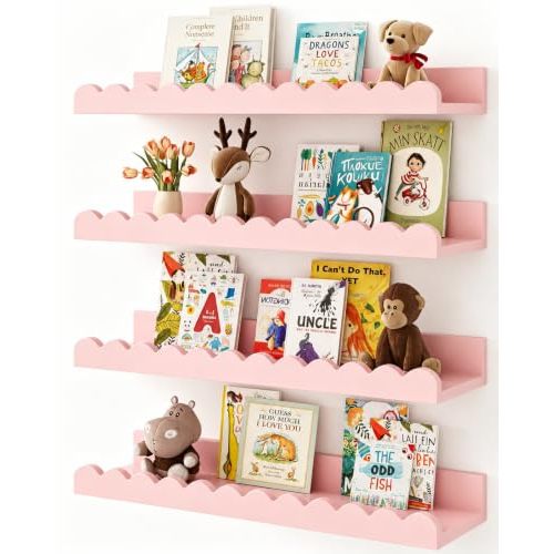 Shario Nursery Book Shelves, 4-Pack White Floating Shelves for Wall Kids, Scalloped Shelves, Wall Book Shelves for Bedroom Kids, Toddler Room, Baby Room, Nursery Decor(Pink, 16.5 Inches)