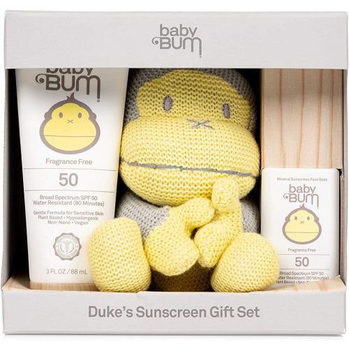 Sun Bum Baby Bum Duke’s Sunscreen Gift Set | Travel Sized SPF 50 Mineral Sun Protection Lotion and Face Stick for Sensitive Skin with Duke Knit Toy | Fragrance Free | Gluten Free and Vegan, Yellow
