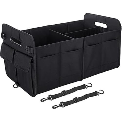 Trunk Organizer For Suv & Sedan,Car Organizers and Storage, Waterproof Collapsible & Adjustable Straps,75L Sturdy Car Organization for Car Accessories, Tools,Sundries,2-3 Compartment（Black）