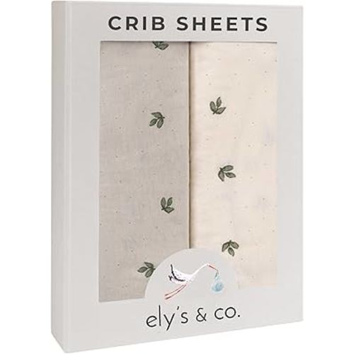 Ely’s & Co. Crib Sheets Baby Girl/Boy Fitted Crib Mattress Sheet Set, 2 Pack, 100% Jersey Knit Cotton, Infant and Toddler Nursery Bedding, Neutral Taupe and Cream with Sage Vintage Print, 28” x 52”