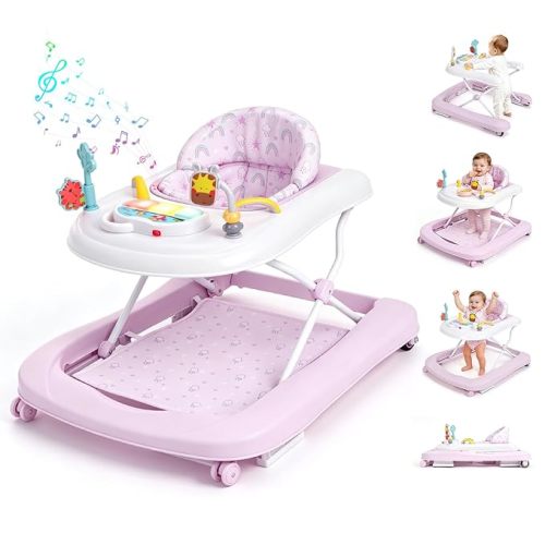 Baby Walker with Wheels, 5-in-1 Foldable Push Walker for Baby Girls 6-12 Months, Baby Walker & Bouncer Combo, Adjustable Height, Music Light Infant Activity Center Bouncer Walker(Pink)