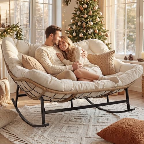 RADIATA Double Egg Rocking Chair for 2, Oversized Rattan Recliner Loveseat with Padded Cushion, 700 Lbs Heavy Duty Comfy Large Papasan Rocker for Reading Outdoor Patio Balcony Backyard Indoor, Beige