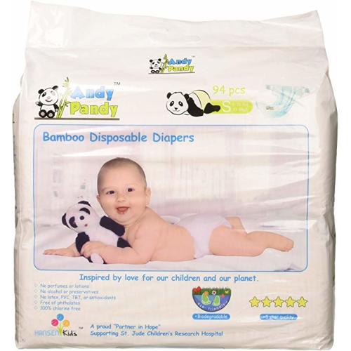 Eco Friendly Premium Bamboo Disposable Diapers by Andy Pandy - Small - for Babies Weighing 6-16 lbs - Small (Pack of 94)