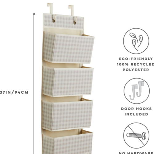 3 Sprouts Over the Door Organizer -Hanging Baby Organizers & Storage with 4 Large Pockets & 2 Hooks for Baby Clothes, Toy, Stuffed Animal -Newborn Essential for Nursery & Toddler Rooms - Gingham Beige