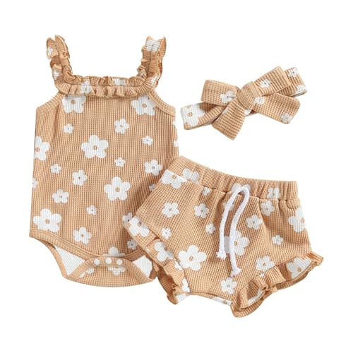 ZZUYFI Newborn Infant Baby Girl Summer Clothes Outfits Set Floral Print Romper Tops Drawstring Short Headband Clothes Set
