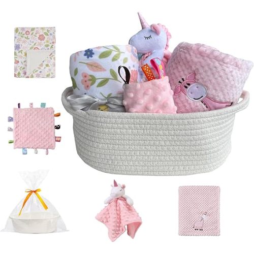 CREVENT Baby Welcome Gift Set Storage Basket with 2 Blankets+ 1 Security Blanket + 1 Taggie + 1 Gift Bag with Ribbon (Pink)