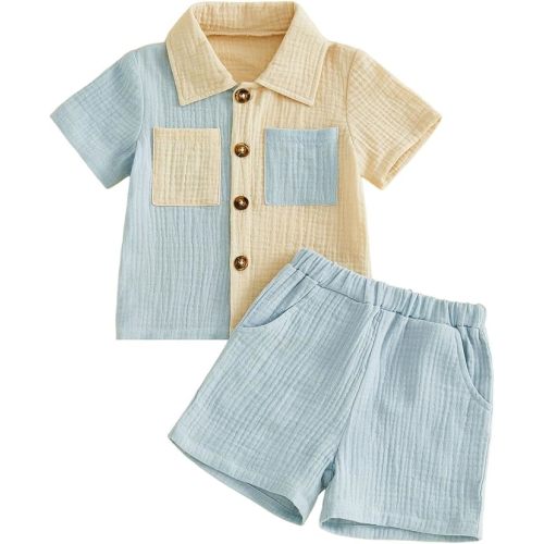 Baby Boys Summer Outfit Color Blocking Button Down Shirts + Shorts Cotton Gauze 2PCS Toddler Clothes Set with Pockets
