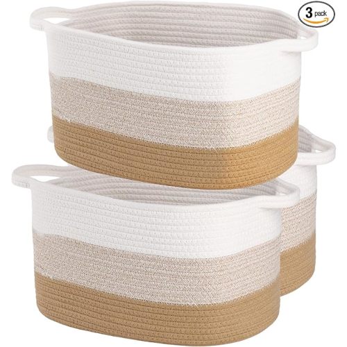 Cotton Rope Braid Storage Basket for Baby Carrier Toy Storage Bag Gift Basket for Kids Laundry Basket Baby Blanket Storage Measures 15x10x10 inches. (Khaki White)