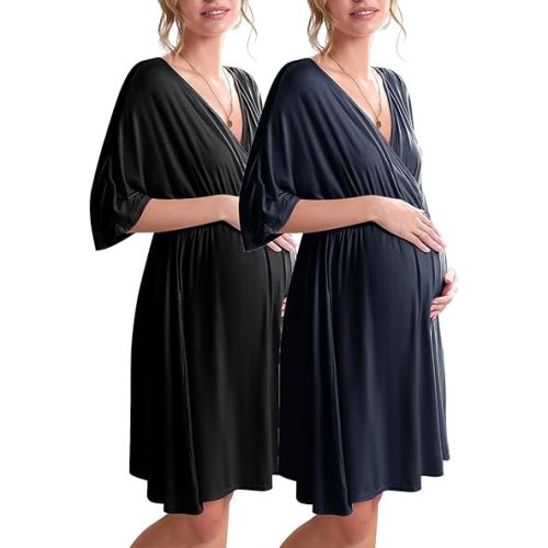 Ekouaer 3 in 1 Labor/Delivery/Hospital Gown 2 Pack Maternity Dress Nursing Nightgown Sleepwear
