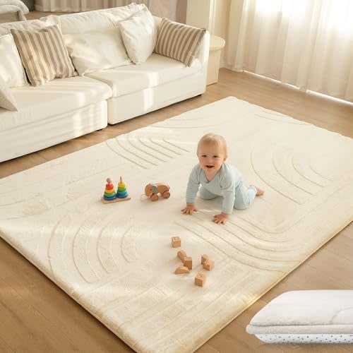 Huloo Sleep 1.3" Thick Area Rug for Living Room Bedroom, 5'×7' Kids Rug with Ultra Soft 3D Carved Faux Rabbit Fur, Non-Slip Fluffy Carpet Nursery Rug for Playroom Home Decor (Cream)
