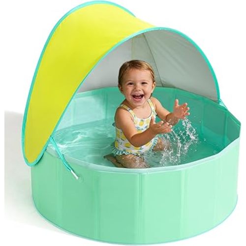 Hikiddy Foldable Kiddie Pool with Canopy: 31.5in/ 47in /63in for Baby Toddler Kids Family - Summer Water Play Pool with Shade - Portable for Outdoor Backyard Beach (Lemon & Mint, 31.5in)