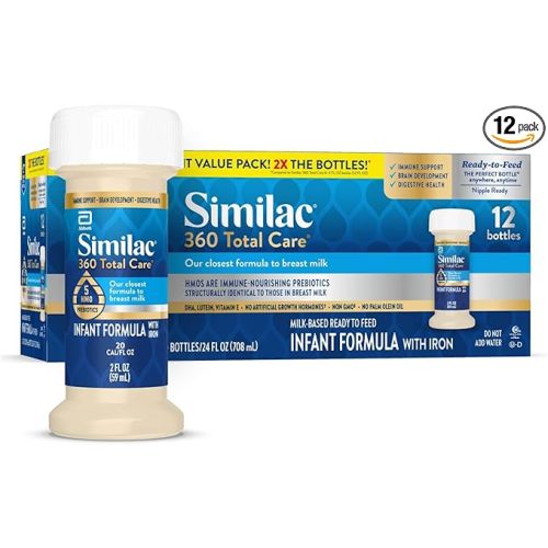 Similac 360 Total Care Infant Formula, Has 5 HMO Prebiotics, Our Closest Prebiotic Blend to Breast Milk, Non-GMO,‡ Baby Formula, Ready to Feed, 2-fl-oz Bottle, Pack of 12