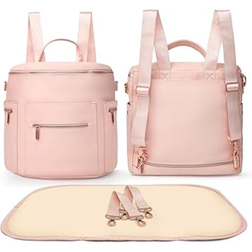 miss fong Pink Diaper Bag Backpack Baby Diaper Bag, Large Leather Diaper Backpack with 16 Pockets Travel Diaper Bag with Diaper Changing Pad,Pink Baby Backpack Stroller Straps & 2 Insulated Pockets