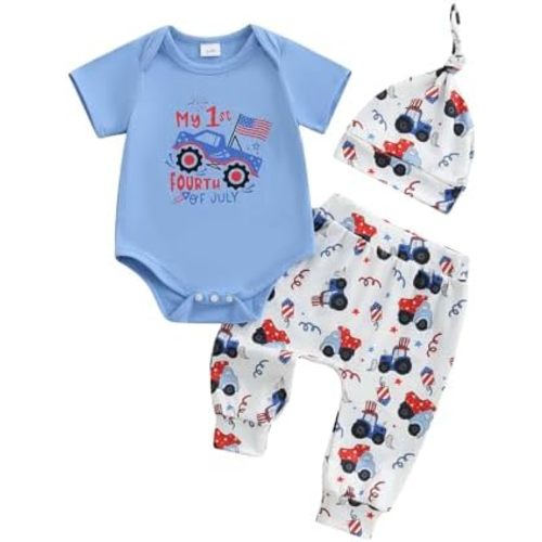 Newborn Baby Boy 4th of July Outfit Letters American Flag Romper Truck Pants Hat Sets Independence Day Clothes