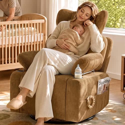 Nursery Rocking Glider Chair w/ Adjustable Armrest, Headrest, Brown