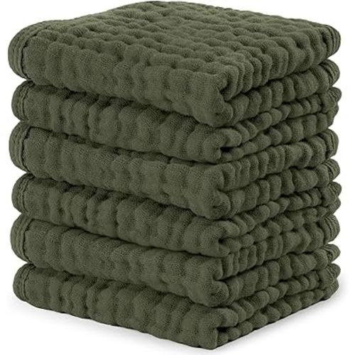 Comfy Cubs Muslin Baby Washcloths 6 Pack - Soft 6-Layer Cotton Wash Cloths for Sensitive Skin - 10"x10" Large, Gentle, Absorbent Infant Essentials for Newborn and Toddlers - Kelp