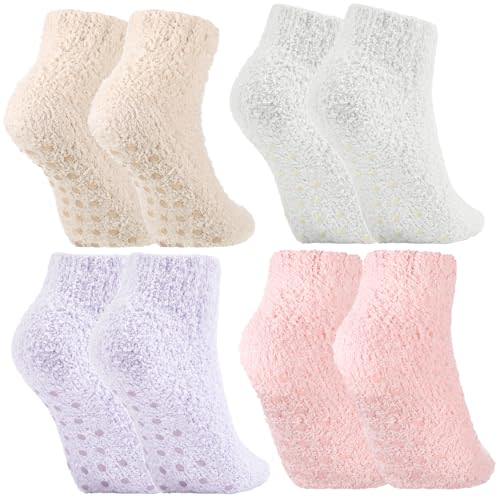 Foaincore 4 Pack Non Slip Hospital Socks for Women Men Non Slip Ankle Fuzzy Socks Thick Warm Festival Gifts