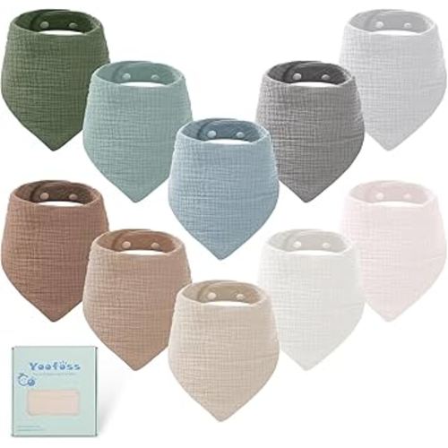 Yoofoss Muslin Baby Bibs 10 Pack 100% Organic Cotton 6-Layer Soft Absorbent Drool Bandana Baby Bibs for Drooling and Teething for Boys and Girls, Brown & Green
