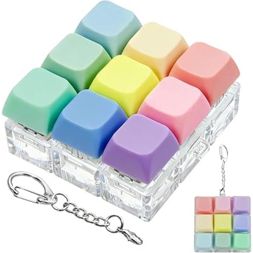 Keyboard Fidget Toy Clicker Fidget Keychain, 9-in-1 Stress Relief Desk Toys Decompression Button Keyboard with Removable Keycaps, Anxiety Relief Valentine's Day Gifts for Adult (9 Color-Macaron)