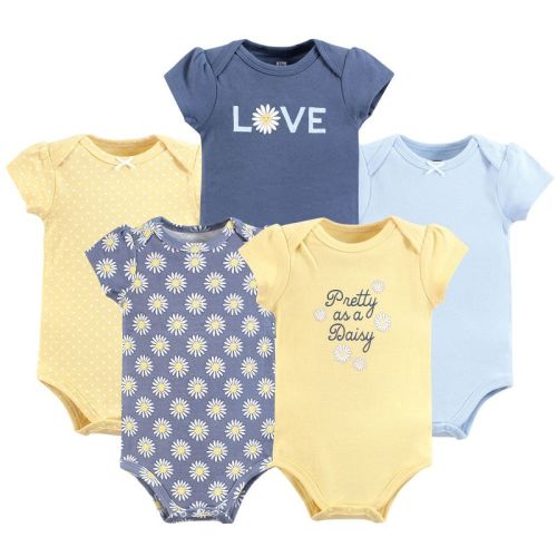 Hudson Baby Infant Girls Cotton Bodysuits 5-Pack, Blue Yellow Daisy, 6-9 Months