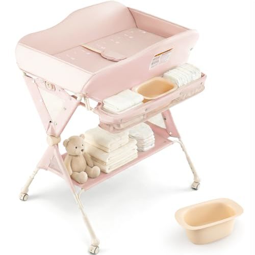 INFANS Portable Baby Changing Table with Wheels, Adjustable Height, Rose | Folding Diaper Station with Storage Rack, Hanging Basket, Safety Belt, Large Nursery Organizer for Newborn Infant