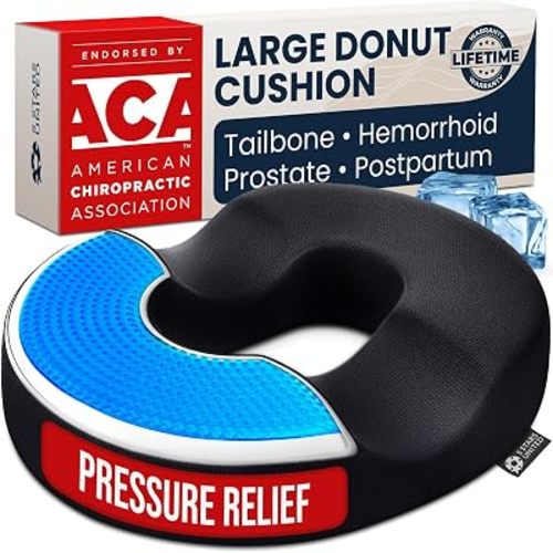 5 STARS UNITED Donut Pillow for Tailbone Pain & Hemorrhoids – Large Memory Foam Seat Cushion with Cooling Gel Layer for Bed Sore-Prone Areas & Pressure Relief – Black Mesh Cover