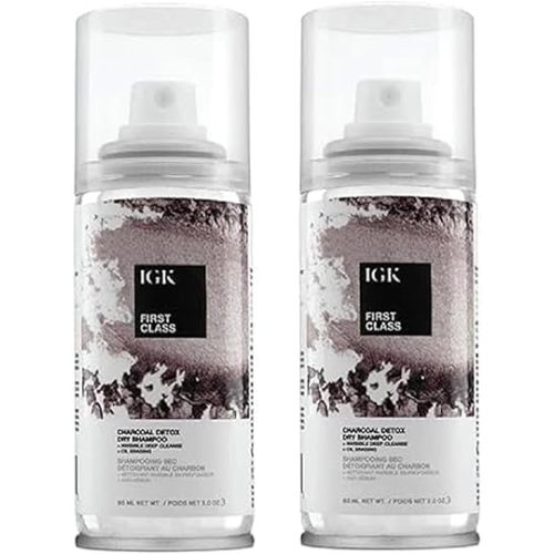 IGK First Class Charcoal Detox Dry Shampoo Travel Size | Extends Style for Days | Cleanses, Absorbs Oil and Refreshes | Eliminates Odor Post-Workout | 2.0 Fl Oz (Pack of 2)
