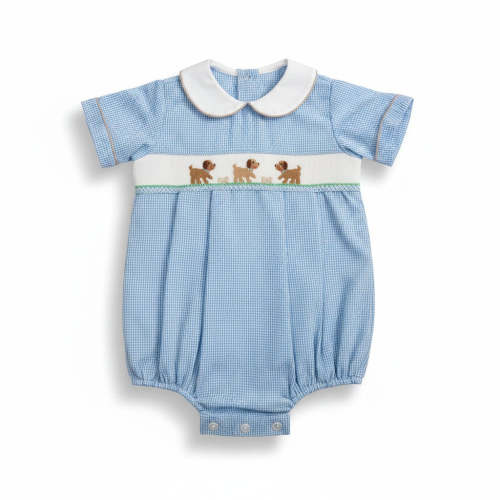 Petit Bebe Puppies Boy's Lt Blue Check Boy's Short Bubble S/S 123BB-MF