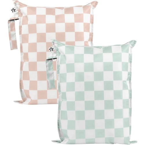 Tiny Twinkle Mess Proof Wet Bags | 2-Pack Reusable Waterproof Wet Bags for Swimsuits | Baby Clothes | Travel & Diaper Bag (Unisex Checkers)