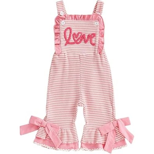 Honganda Toddler Baby Girl Valentine's Day Outfit Overalls Love Romper Striped Bell Bottom Suspender Jumpsuit with Bowknot
