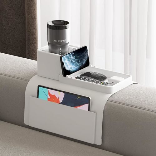 Couch Cup Holder Tray, VIENFUT Silicone Anti-Slip Sofa Armrest Tray with Side Pockets, BPA-Free Anti-Spill Couch Drink Holder for YETI, Remote, Snacks, Cellphone and iPad, Ideal Gift (Griege)