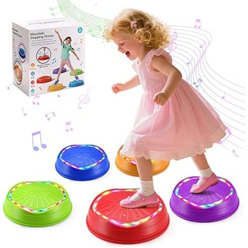 Piyl Light up Stepping Stones for Kids with Musical Toddlers 3-6, Non-Slip Jumping Hopscotch Balance Stepping Stones, 5 Pieces, Indoor & Outdoor Play, 3 Music Modes, LED Glowing, Sensitive Touch