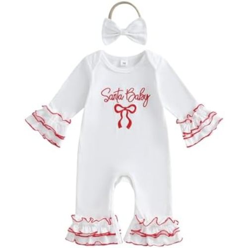 Santa Baby Outfit Newborn Infant Baby Girl Long Sleeve Ruffle Romper Bows Onesie + Headband Christmas Clothes