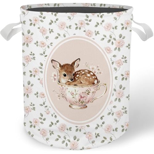 Pink Rose Deer Nursery Laundry Basket, Cottagecore Floral Deer Teacup Laundry Basket Hamper Waterproof Collapsible Clothes Toys Storage Bin for Baby Girls Nursery Room Bathroom Home