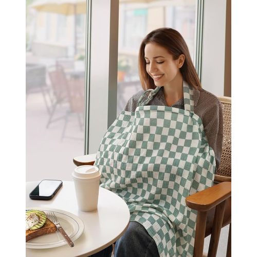 Blissful Diary Muslin Nursing Cover for Breastfeeding, Breathable Breastfeeding Cover up with Arch Neckline for Women, Nursing Apron (Sage Checkboard)